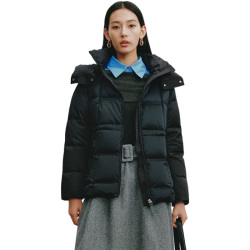 艾莱依 羽绒服女士别致拼接收腰后背斗篷设计连帽防风立领鹅绒服 炭黑 S 155
