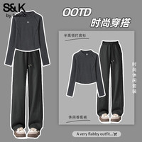 班尼路(Baleno)S&K系列休闲时尚套装女装半高领打底衫上衣香蕉直筒裤子两件套 深麻灰#纯色+深灰#纯色 M