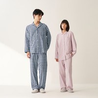 無印良品 MUJI [自营]男士无侧缝 双层纱织睡衣 软棉棉内衣 藏青色格纹 L