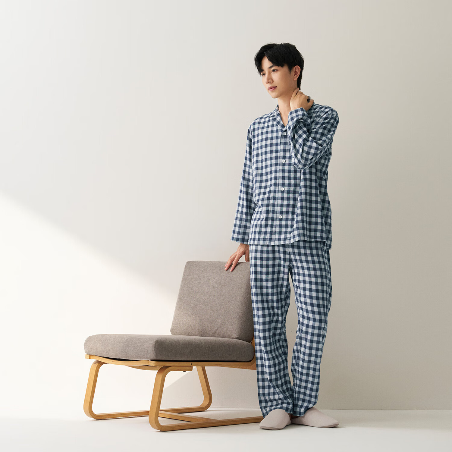 無印良品 MUJI（無印良品 ）男士无侧缝双层纱织睡衣软棉棉内衣藏青色格纹 L