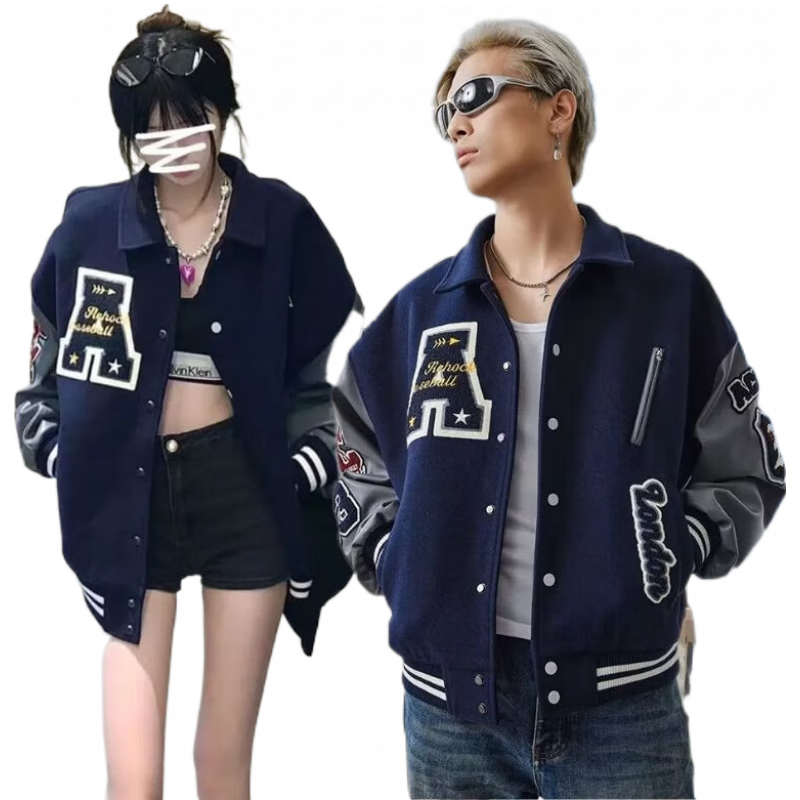 逐梦颜棒球服男美式休闲彩虹碎花系列毛巾绣夹克潮牌杏色单排扣外套 608