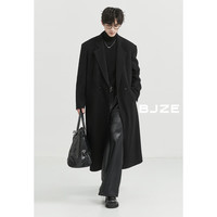伯爵卓尔【含羽绒内胆】垫肩设计长款过膝全羊毛双面呢大衣男士秋冬外套 漆黑（内胆可拆卸） S
