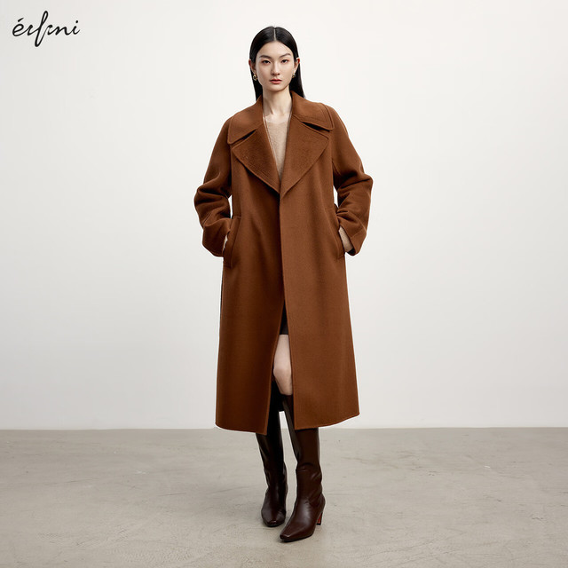 eifini 伊芙丽 驼绒大翻领设计感收腰长款双面羊绒大衣2024冬季女外套 红棕 155/80A/S