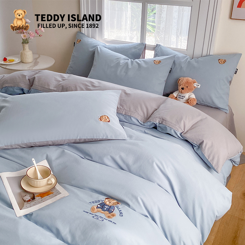 床单被套三件套全棉刺绣被罩TeddyISLAND宿舍床上纯棉四件套