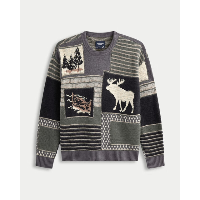 Abercrombie & Fitch 大麋鹿图案圆领保暖毛衣25秋冬男装120-5181 黑灰图案 S (175/92A)