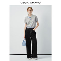 VEGA CHANG女士百搭针织衫韩系撞色翻领针织开衫上衣
