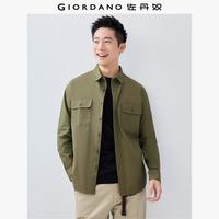 佐丹奴工装衬衫男军绿色纯棉暗格纹口袋长袖休闲衬衣 20暗绿 M