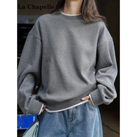 拉夏贝尔(La Chapelle)针织棉假两件纸片人显瘦落肩宽松版罗纹圆领基础款卫衣女 深灰 均码 125斤以内