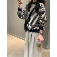 以纯(YISHion)复古条纹长袖圆领卫衣女秋装宽松设计感休闲毛衣针织上衣