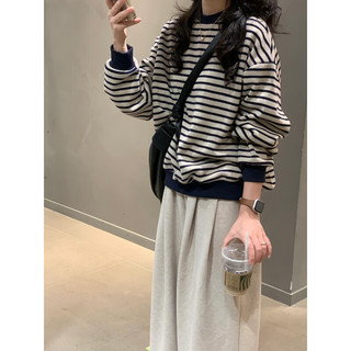 以纯（YISHion）复古条纹长袖圆领卫衣女秋装宽松设计感休闲毛衣针织上衣