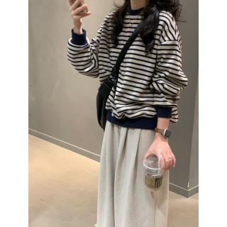 以纯（YISHion）复古条纹长袖圆领卫衣女秋装宽松设计感休闲毛衣针织上衣