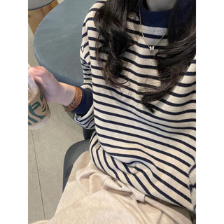 以纯（YISHion）复古条纹长袖圆领卫衣女秋装宽松设计感休闲毛衣针织上衣