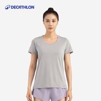 迪卡侬（DECATHLON）速干运动套装女夏季跑步T恤短袖短裤休闲运动服 基础款灰色T恤+黑色短裤 S
