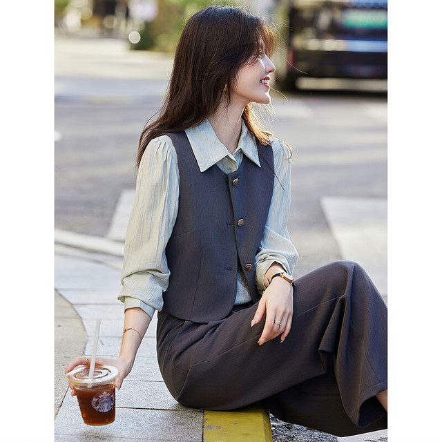 苏醒的乐园 女士西装马甲衬衫阔腿裤休闲套装 100268692974