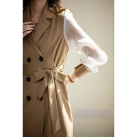 德玛纳（dme）拼接风衣外套秋季H型平驳头双排扣灯笼袖风衣外套女 咖喱黄 S