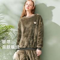 歌瑞尔 【加绒加厚保暖套装】法兰绒居家睡衣女士冬款外穿睡衣圆领