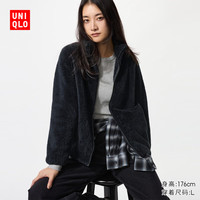 优衣库 女装长绒摇粒绒拉链茄克/长袖外套夹克25秋冬479611 09 黑色