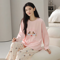 芬腾睡衣女【100%纯棉】2025秋冬圆领长袖卡通睡衣女家居服套装 粉色 L