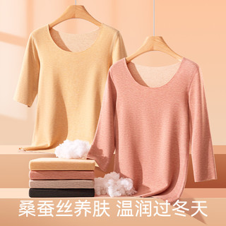 德绒发热半袖五分女保暖内衣羊毛蚕丝加绒上衣中袖t恤短袖打底衫 2XL
