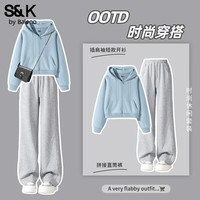 班尼路(Baleno)S&K系列运动套装女装秋冬插肩袖短开衫外套休闲直筒裤两件套 雾霾蓝#纯色+麻灰#纯色 M