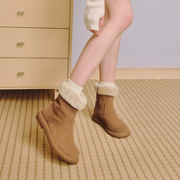 天美意懒人毛毛鞋时尚厚底雪地靴休闲女短靴显瘦百搭靴子保暖女靴 棕色 40
