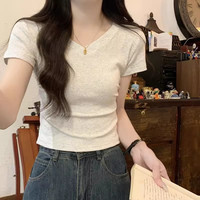 v领正肩灰色t恤女短袖夏季修身短款不规则设计感小众掐腰甜辣上衣 2XL