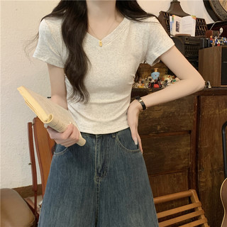 v领正肩灰色t恤女短袖夏季修身短款不规则设计感小众掐腰甜辣上衣 2XL