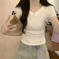 v领正肩灰色t恤女短袖夏季修身短款不规则设计感小众掐腰甜辣上衣 2XL