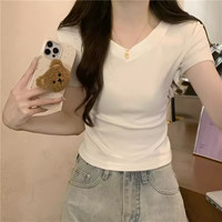v领正肩灰色t恤女短袖夏季修身短款不规则设计感小众掐腰甜辣上衣 M