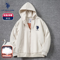 U.S. POLO ASSN.保罗开衫羽绒卫衣男士连帽春秋季上衣百搭纯色青年拉链外套男装 米白 2XL