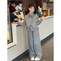 诺佳微淇 女童套装秋冬装2025新款儿童装洋气女孩裤子加绒加厚运动假两件套 灰色 160