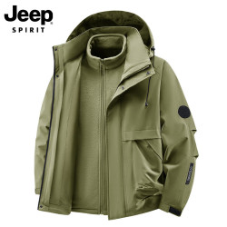 JEEP SPIRIT 吉普夹克外套男宽松外套三合一冲锋衣连帽防风防水保暖爬山服 军绿色 XL