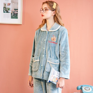 芬腾睡衣女秋冬翻领法兰绒长袖开衫女士家居服睡衣套装 灰绿-女款 2XL