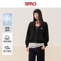 SPAO休闲连帽短款开衫卫衣男2025秋季宽松百搭外套SPWY25AW08XY 黑#SP蓝帽子熊-贴布绣 XL