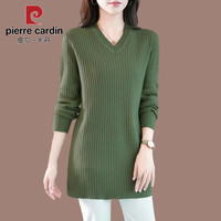 皮尔卡丹(pierre cardin)大码中长毛衣女宽松V领直筒显瘦纯色上衣打底针织衫200斤可穿 豆绿色 S90斤以下