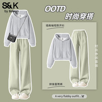 班尼路(Baleno)S&K系列运动套装女装秋冬插肩袖短开衫外套休闲直筒裤两件套 麻灰#纯色+灰绿#纯色 M
