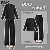班尼路(Baleno)S&K系列套装女装秋冬季加绒打底衫休闲潮流香蕉直筒裤两件套 黑#纯色+黑#纯色 L