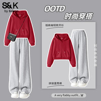 班尼路(Baleno)S&K系列运动套装女装秋冬插肩袖短开衫外套休闲直筒裤两件套 车厘子红#纯色+麻灰#纯色 L