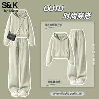 班尼路(Baleno)S&K系列运动套装女装秋冬插肩袖短开衫外套休闲直筒裤两件套 灰绿#纯色+灰绿#纯色 L