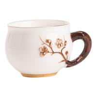 羊脂玉瓷浮雕梅花主人杯大号功夫茶杯陶瓷品茗杯带手把家用喝茶杯