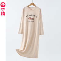 芬腾睡裙女士春秋季纯棉长袖睡衣裙简约女款大码全棉家居服连衣裙 FX26931546米杏 3XL 160-175斤
