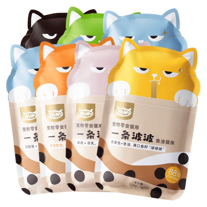 喔喔（WOWO）猫条猫零食 成猫通用猫湿粮 猫草鸡肉金枪鱼蛋黄 营养肉条 【6种口味】共70条