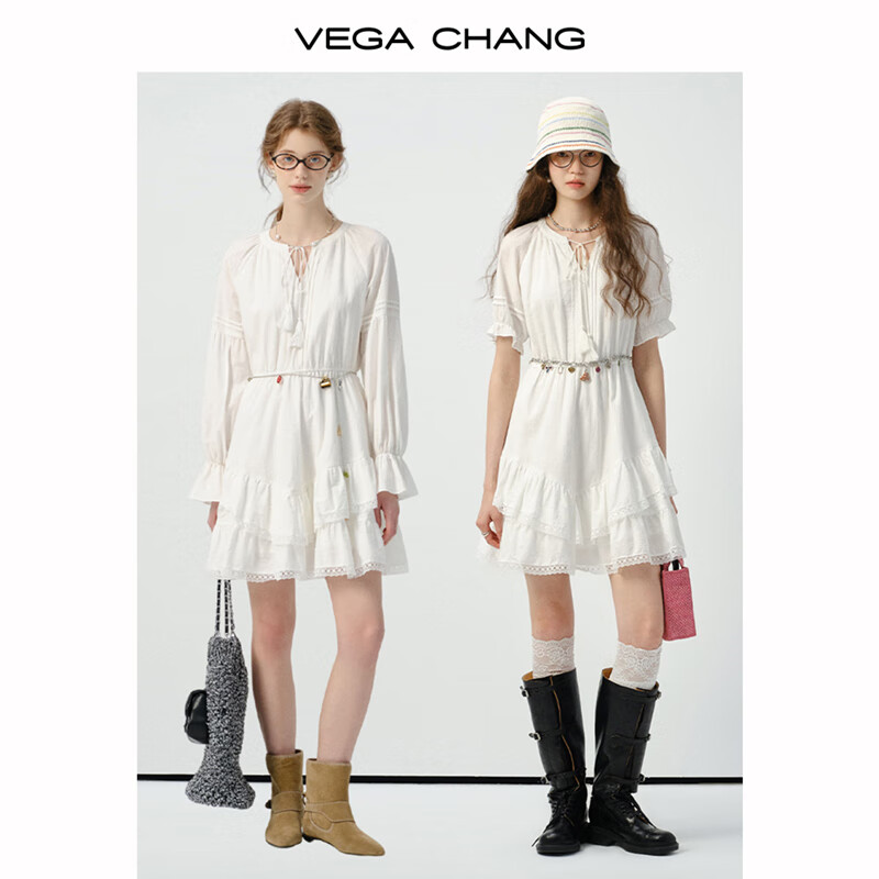 VEGA CHANGVEGA CHANG白色连衣裙女2025春秋法式V领长袖高级感蕾丝裙子 天使白（短袖） XL