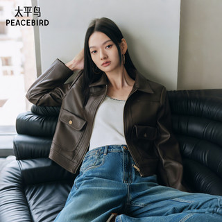 太平鸟黑色正肩仿蛋白PU皮衣外套女2025款高级感翻领夹克女# S