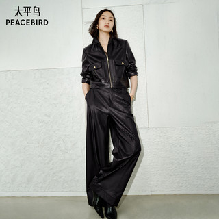 太平鸟黑色正肩仿蛋白PU皮衣外套女2025款高级感翻领夹克女# S