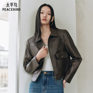 太平鸟黑色正肩仿蛋白PU皮衣外套女2025款高级感翻领夹克女# S