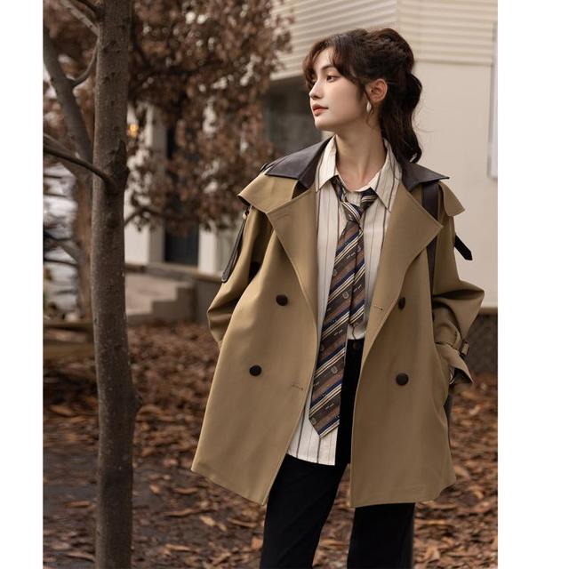 谜秀 港风短款拼皮撞色大衣女 MXB33W03992733