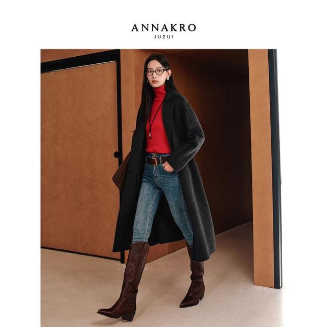 安娜蔻 玖姿安娜蔻 玖姿安娜蔻英伦风羊毛收腰双面呢大衣女2025冬季