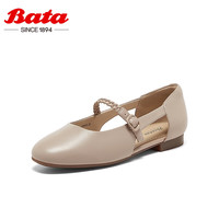Bata中空凉鞋女2025夏季商场羊皮一字带软底玛丽珍AYU13BK5 杏色 39