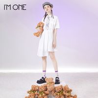 I'M ONE 熊的摇篮曲 女士中长款休闲衬衫裙 夏季高腰短袖连衣裙